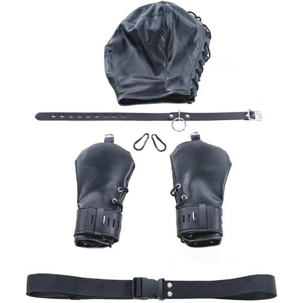 Leather BDSM Restraint Set,Bondage Hoods and Glove Restraints Kits Puppy Glove Fetish Wear Suits for Love Game