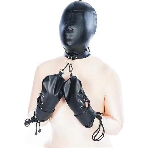 Leather BDSM Restraint Set,Bondage Hoods and Glove Restraints Kits Puppy Glove Fetish Wear Suits for Love Game