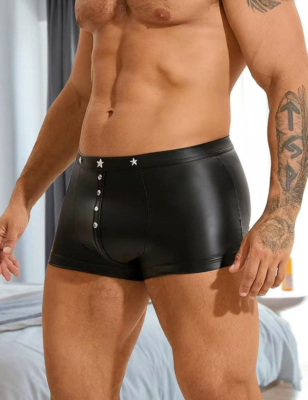 PU leather boxer shorts men's sexy underwear, front-opening wetsuit men's sissy underwear, large size retro shorts stretch underwear