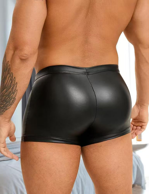 PU leather boxer shorts men's sexy underwear, front-opening wetsuit men's sissy underwear, large size retro shorts stretch underwear