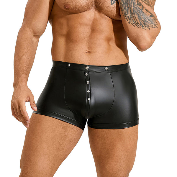 PU leather boxer shorts men's sexy underwear, front-opening wetsuit men's sissy underwear, large size retro shorts stretch underwear