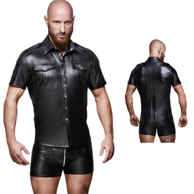 Men's Sexy Glossy PU Tight-fitting Lapel Short Sleeve Stretchy Clubwear T-shirt