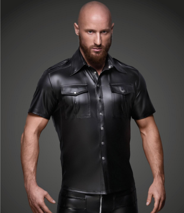 Men's Sexy Glossy PU Tight-fitting Lapel Short Sleeve Stretchy Clubwear T-shirt