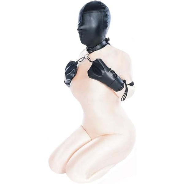 Leather BDSM Restraint Set,Bondage Hoods and Glove Restraints Kits Puppy Glove Fetish Wear Suits for Love Game