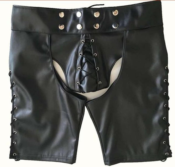 New Fashion Imitation Leather Lace-up Sexy Spanking Shorts Men's Bodybuilding Fitness Briefs Fetish Men's Club Clothing Sexy Clothing
