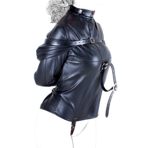 Black leather forced bondage tight sexy confinement binding