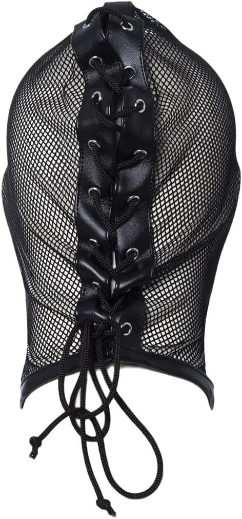 Mesh See Through Masquerade Mask Adjustable Breathable Leather Head Full Face Mask for Costume Halloween Party Hood Mask