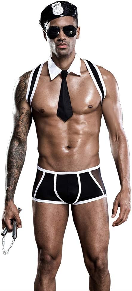 Men's Fashionable Sexy Underwear Police Costume Outfit Lingerie Pajamas Uniform Temptation for bar Nightclub Stage Performance Christmas