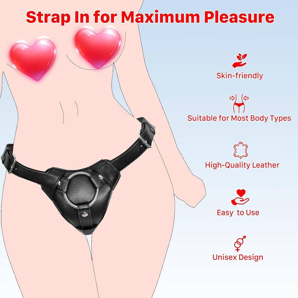 Strap On Dildo Harness, Adult Sex Toys for Women Men for Hands Free Play, Adjustable Waist and Thigh Leather Belt with 3 Size Metal O-Rings for Lesbian Gay Couple Vaginal Anal Play Pegging Dildo