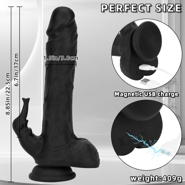 Black Realistic 3-in-1 Dildo Clit Vibrator G-Spot Massager Big Sex Toy For Women