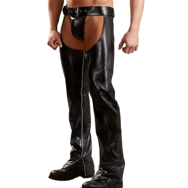 Men's Sexy Leather Chaps with Zipper and Thong