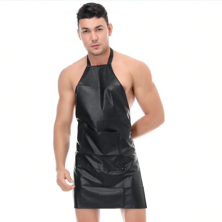 Men's Apron PU Leather Collar Sexy Skirt Sleeveless Pendant Club Clothing