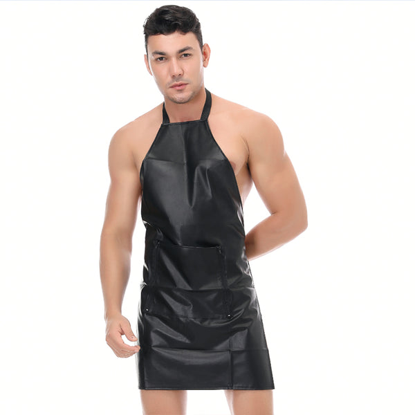 Men's Apron PU Leather Collar Sexy Skirt Sleeveless Pendant Club Clothing