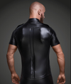 Men's Sexy Glossy PU Tight-fitting Lapel Short Sleeve Stretchy Clubwear T-shirt