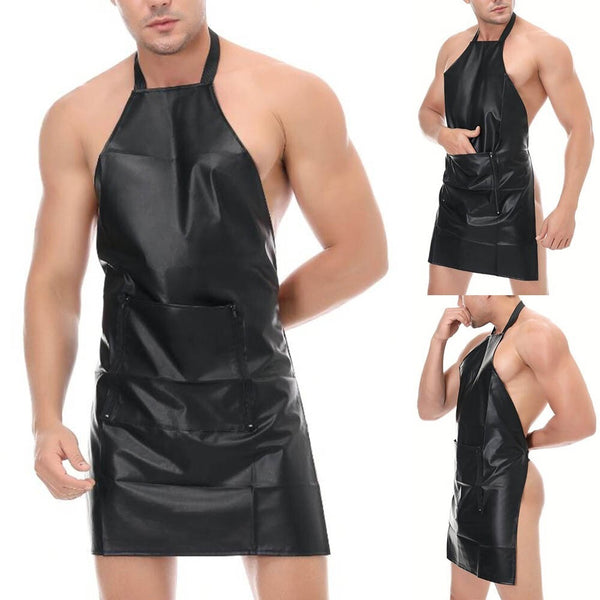 Men's Apron PU Leather Collar Sexy Skirt Sleeveless Pendant Club Clothing
