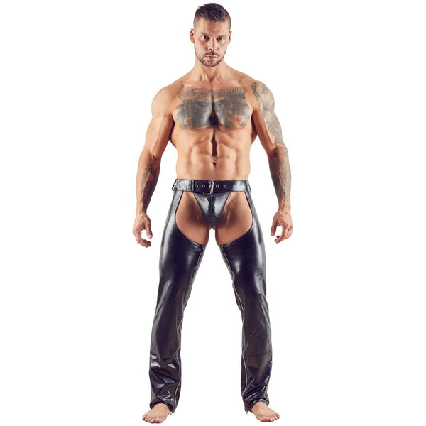 Men's Sexy Leather Chaps with Zipper and Thong